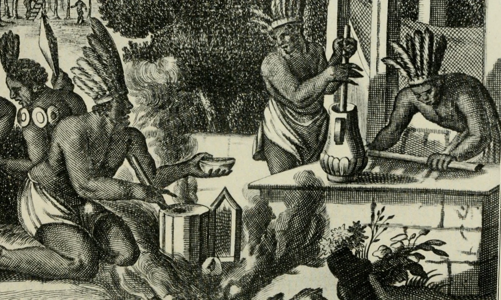 A later European engraving depicting cacao preparation and drinking.