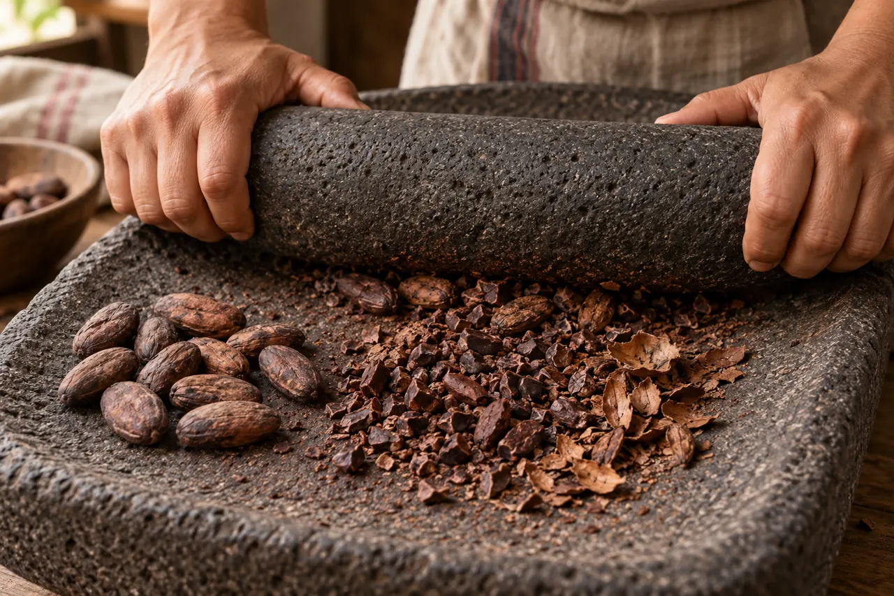 Cacao beans crushed with a stone roller, showing nibs and husks
