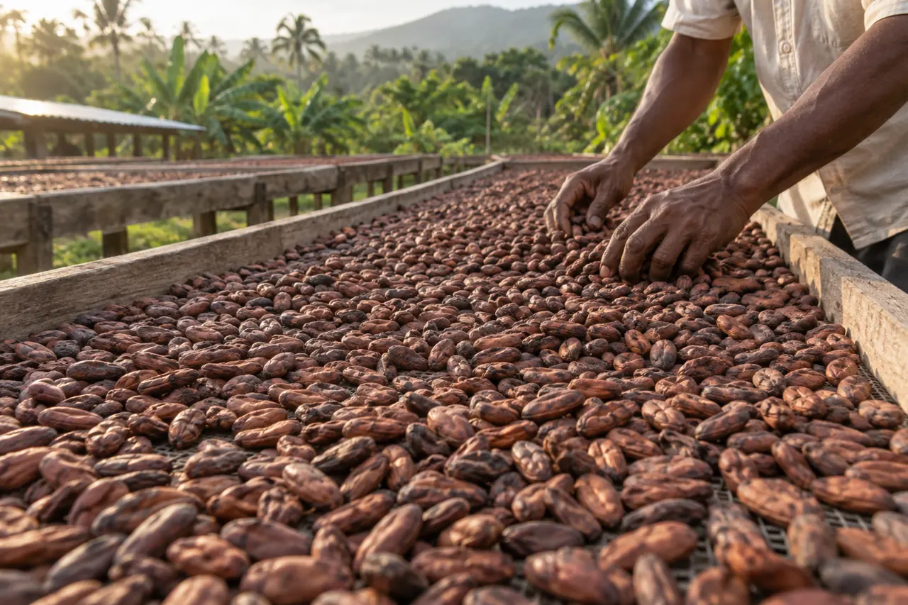 Cacao beans being turned on raised drying beds