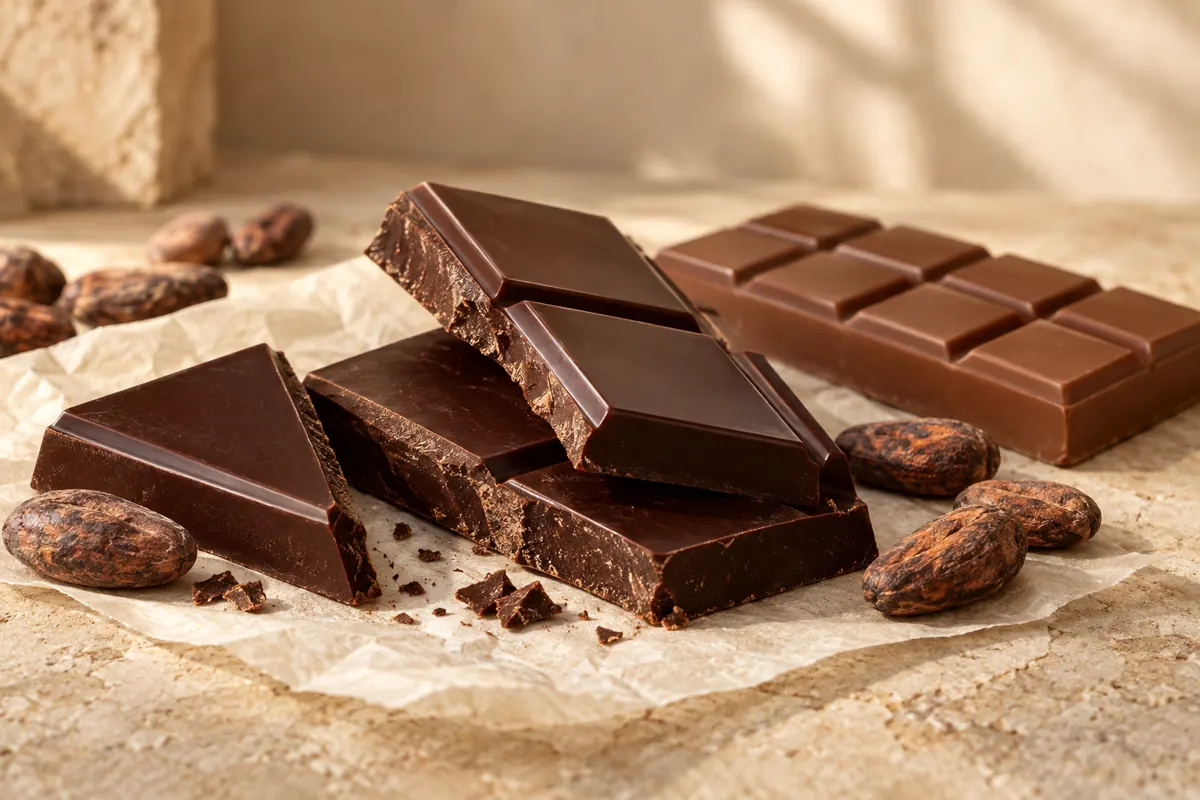 Finished chocolate bars and pieces with clean snap edges