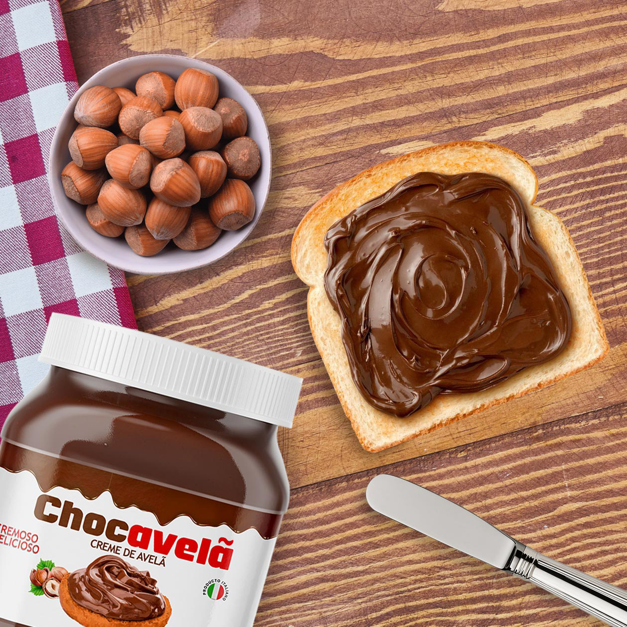 Chocavelã spread on toast beside a bowl of hazelnuts